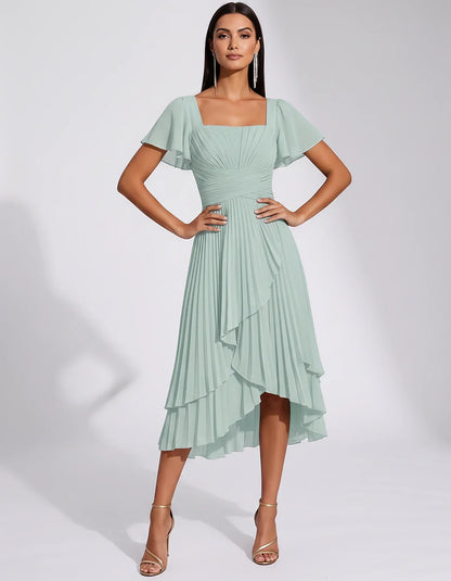 Chiffon Short Flutter Sleeve Square Neck A-Line Pleated Midi Dress for Party Cocktail Evening Wedding Guest Summer Events Ele | SKU: MD-482910375641208-MINT-L,MD-482910375641208-MINT-M,MD-482910375641208-MINT-S,MD-482910375641208-MINT-XL,MD-482910375641208-MINT-XS