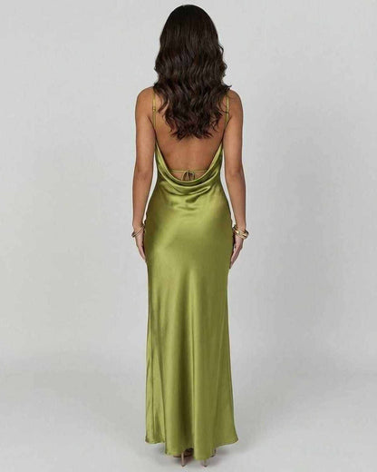 Cleo Maxi Dress in green satin, back view showcasing elegance for formal occasions by RAMBLION.
