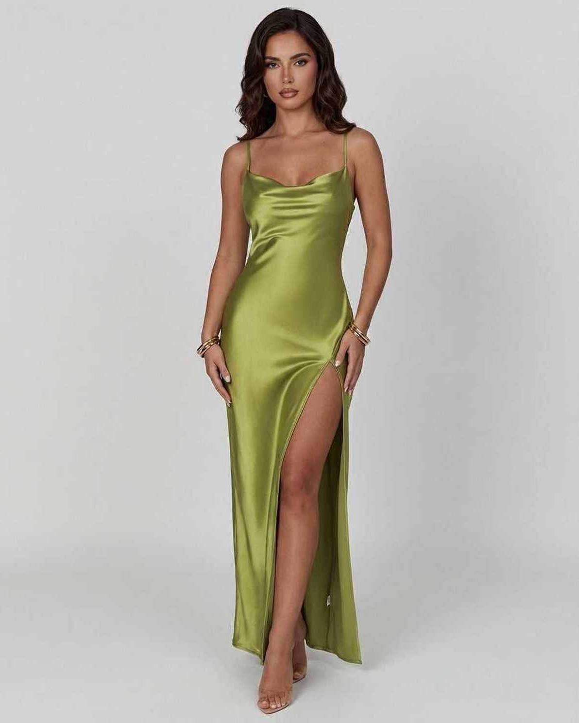 Cleo Maxi Dress in captivating green satin, elegant V neck and high slit, perfect for formal occasions by RAMBLION.
