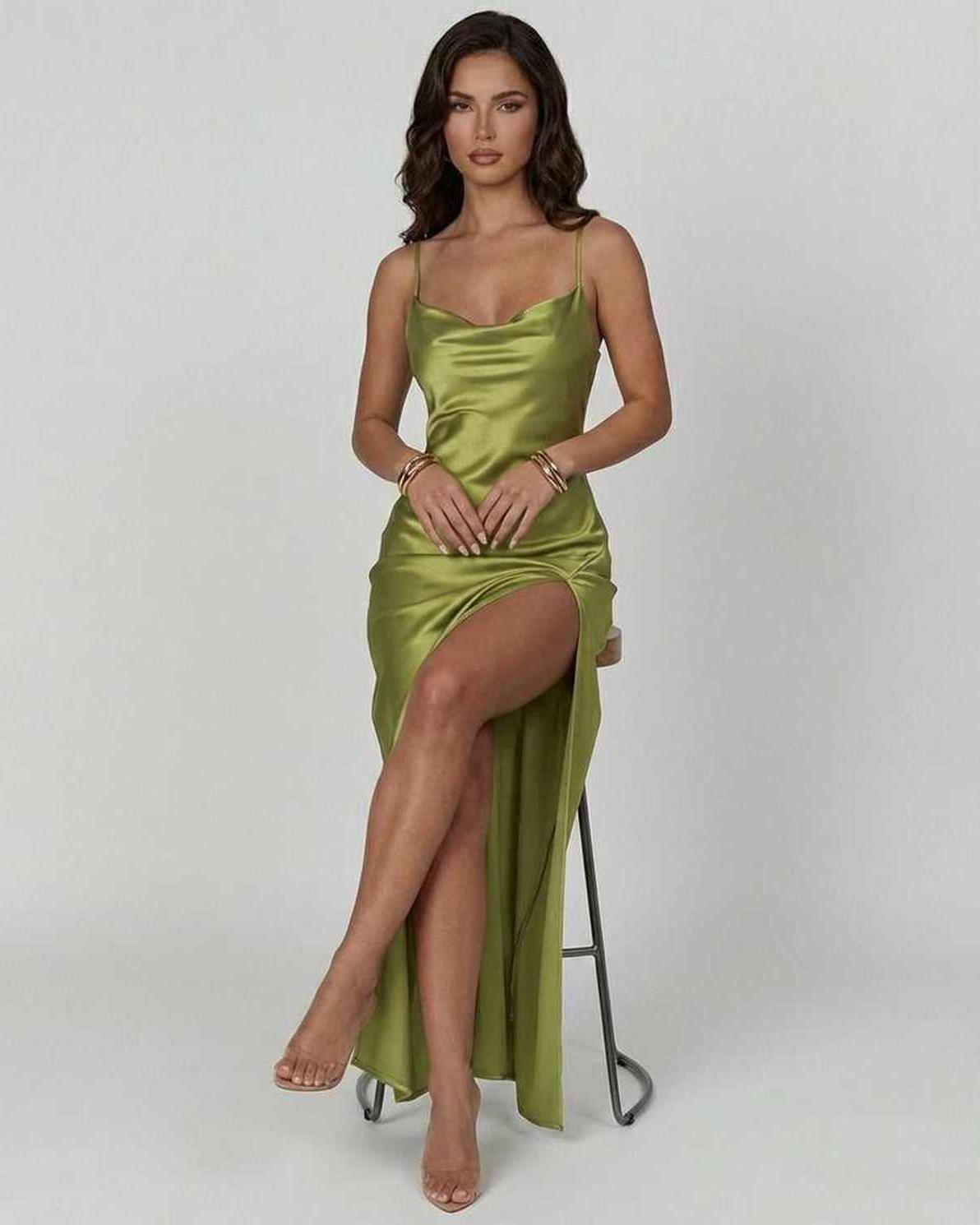 Cleo Maxi Dress in green satin, elegant, formal wear, perfect for memorable nights by RAMBLION.