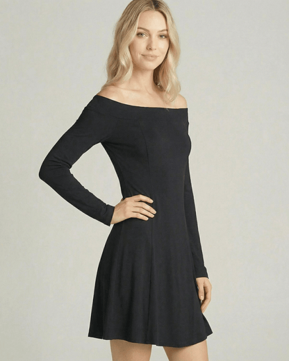 Cleo Mini Dress: Black off-shoulder design, soft cotton feel, stylish A-line silhouette by RAMBLION.
