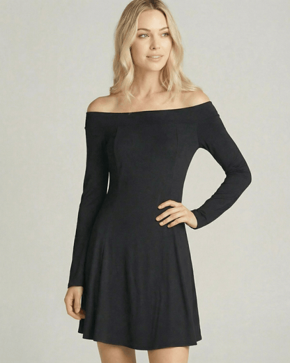 Cleo Mini Dress by RAMBLION, black, off-shoulder, soft feel, perfect for modern styling and special occasions.