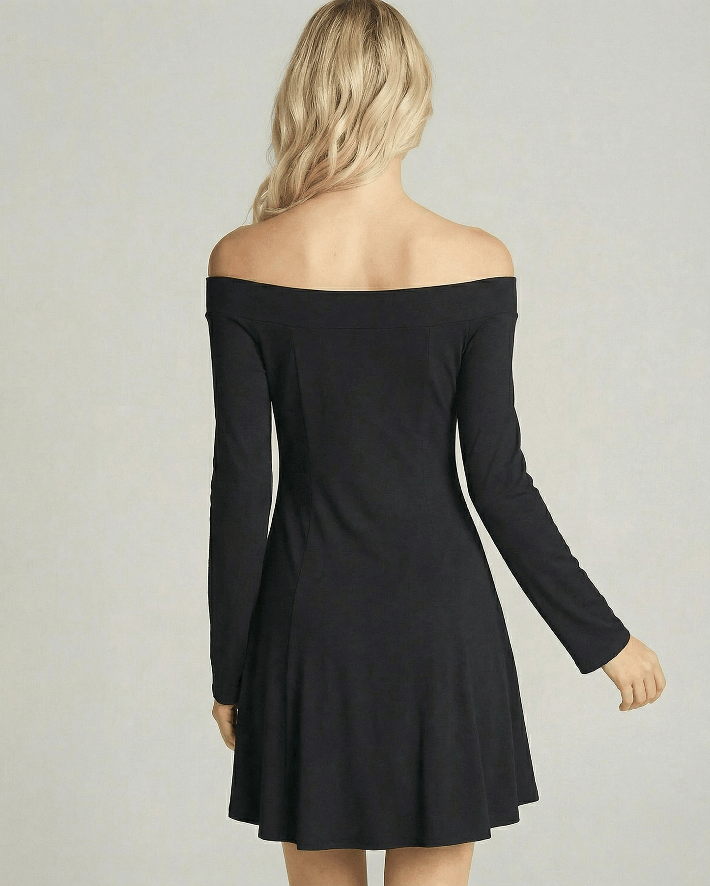 Cleo Mini Dress, black off-shoulder design, A-line silhouette, by RAMBLION, stylish and comfortable for any occasion.