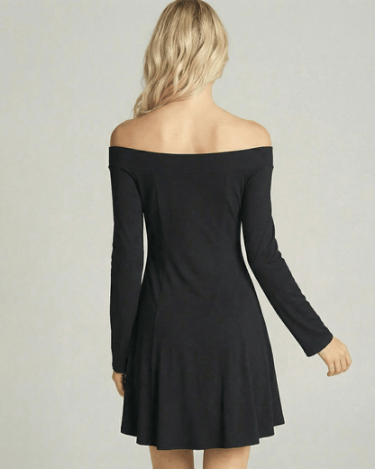 Cleo Mini Dress, black off-shoulder design, A-line silhouette, by RAMBLION, stylish and comfortable for any occasion.