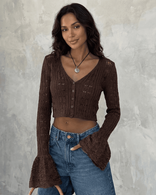 Cocoa Cardigan in brown featuring flare sleeves, V-neckline, and button closure, perfect for versatile styling.