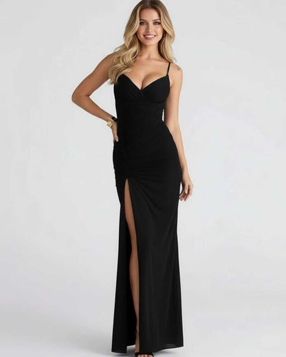 Cora Maxi Dress by RAMBLION - Black ankle-length, V-neck, elegant silhouette for formal occasions.