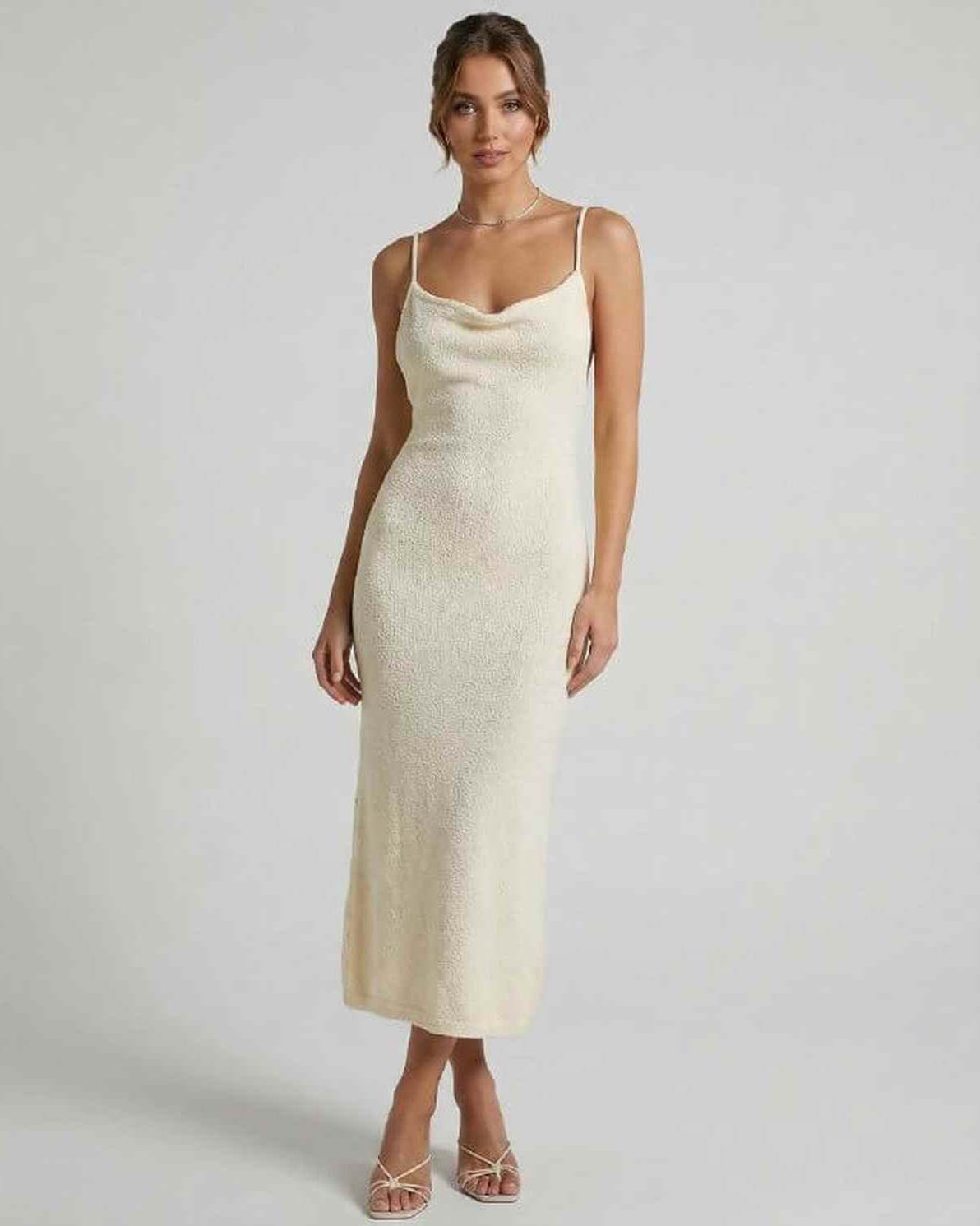Cora Midi Dress in white, 100% cotton, sleeveless, elegant fit for special occasions, by RAMBLION.