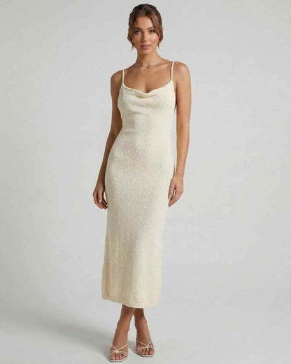 Cora Midi Dress in white, 100% cotton, sleeveless, elegant fit for special occasions, by RAMBLION.