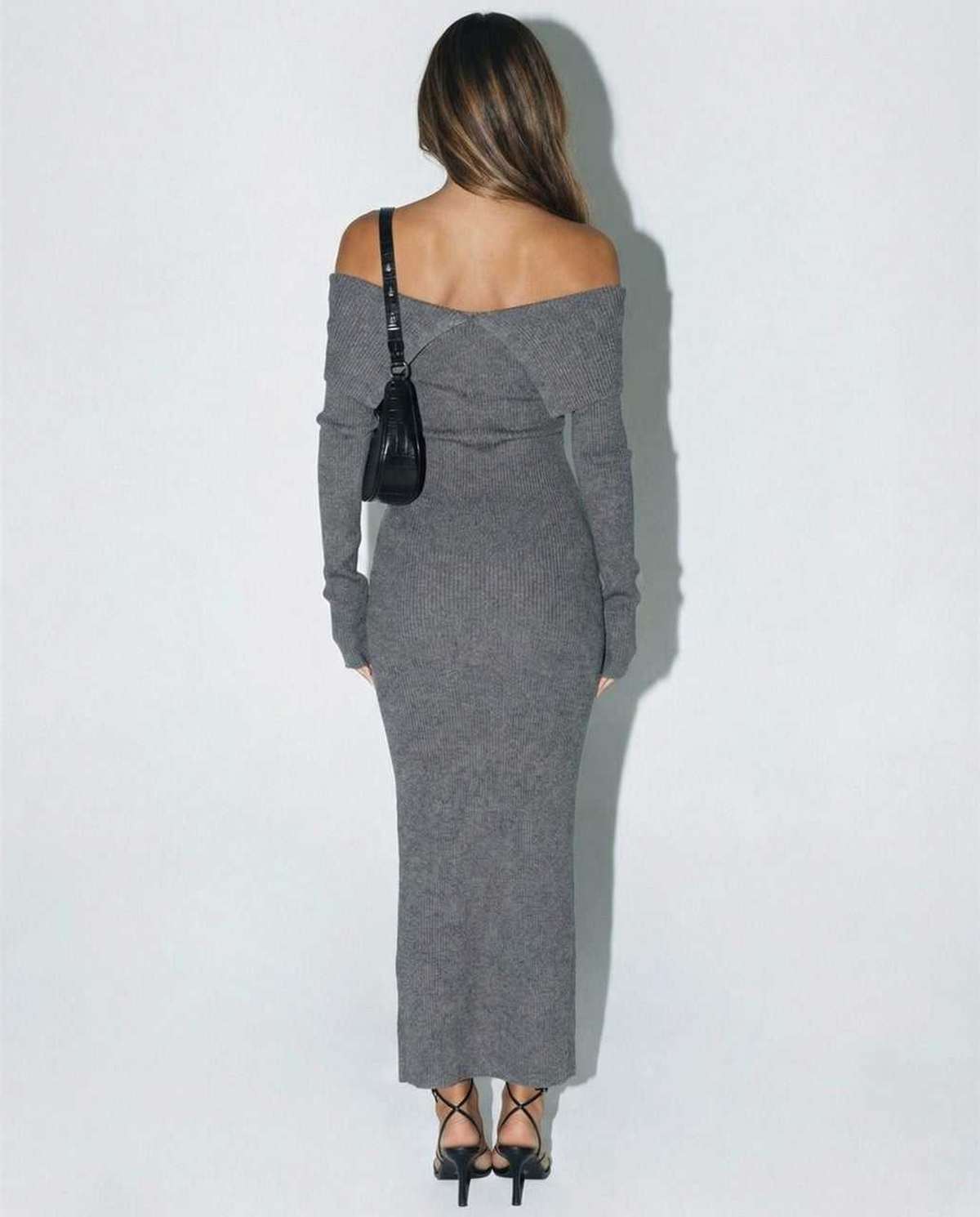 Cors Maxi Dress, grey ankle-length, off-shoulder, elegant, lightweight, smooth fabric, RAMBLION brand.