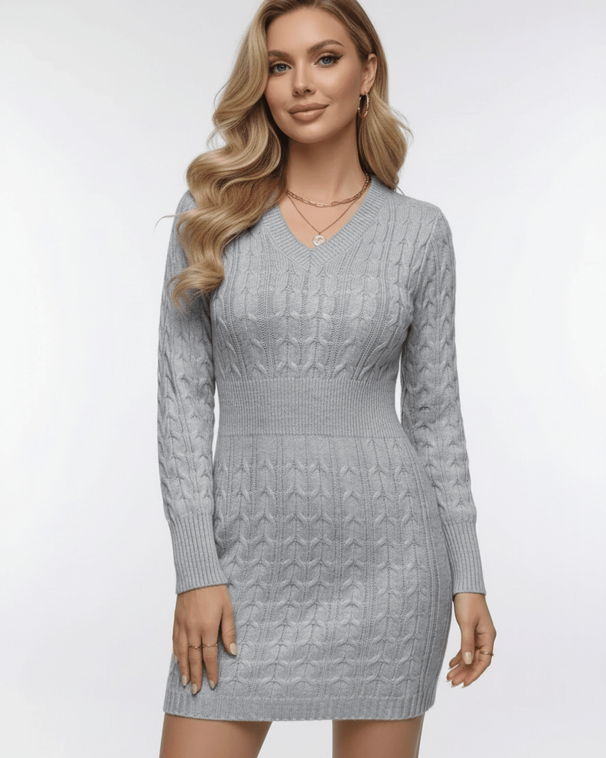 Cote Mini Dress by RAMBLION, soft gray cable knit, V-neck, long sleeves, chic style, perfect for casual and polished occasions.