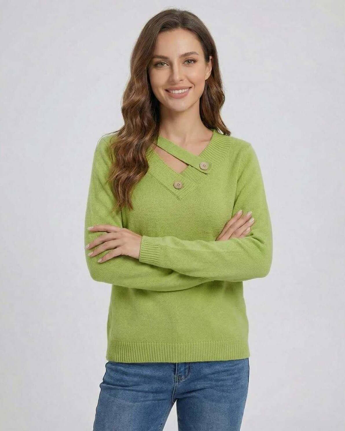 Cove Sweater by RAMBLION, green V neck, soft feel, chic button detail, perfect for fall and winter outfits.