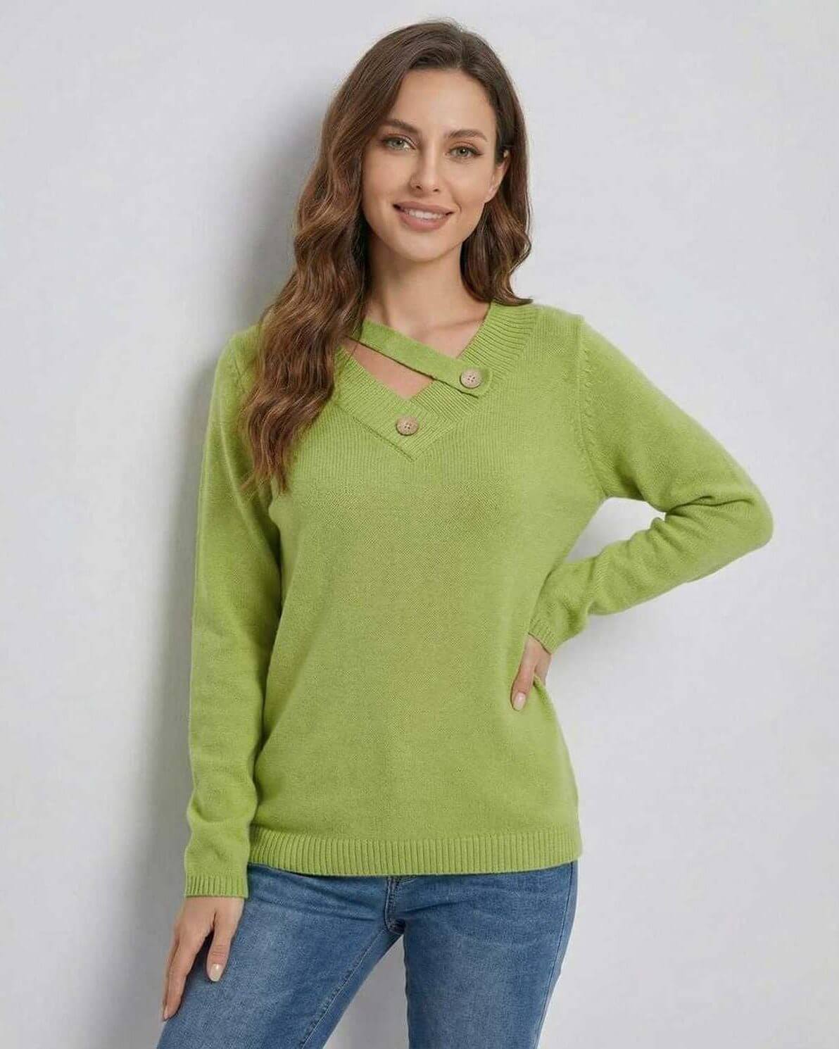 Cove Sweater by RAMBLION, green V neck with chic button detail, perfect for fall and winter, stylish and versatile.