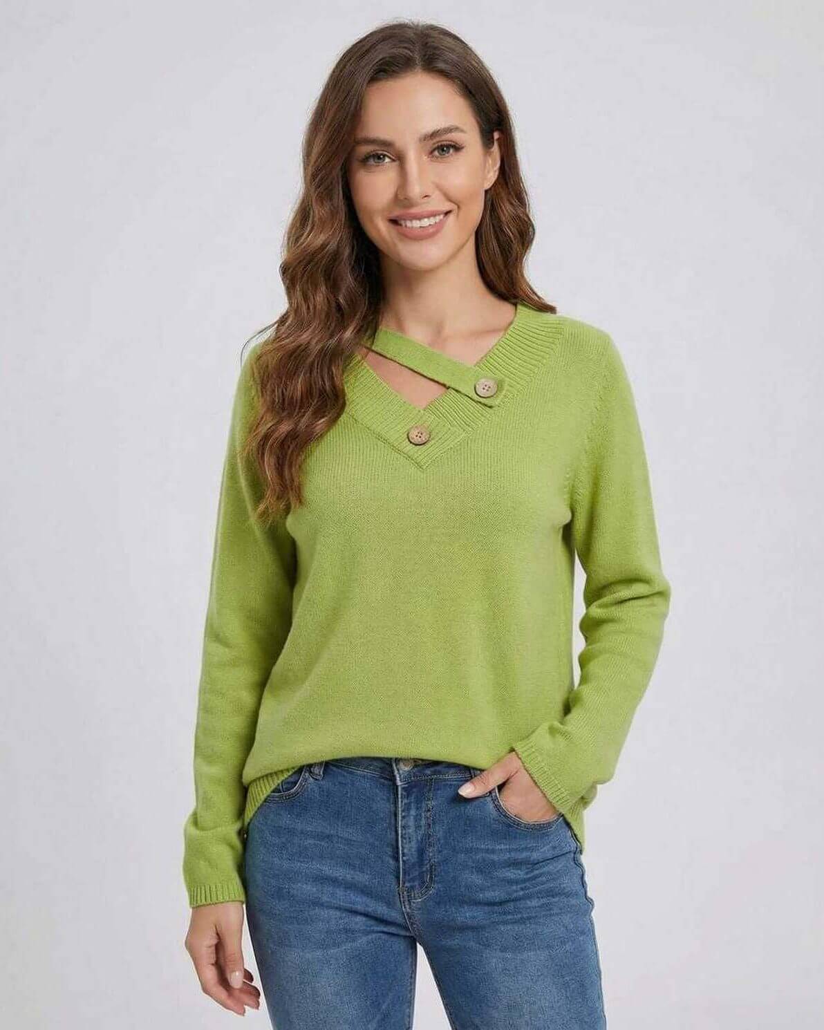 Cove Sweater in green, featuring a stylish V neck and button detail, perfect for fall and winter, by RAMBLION.