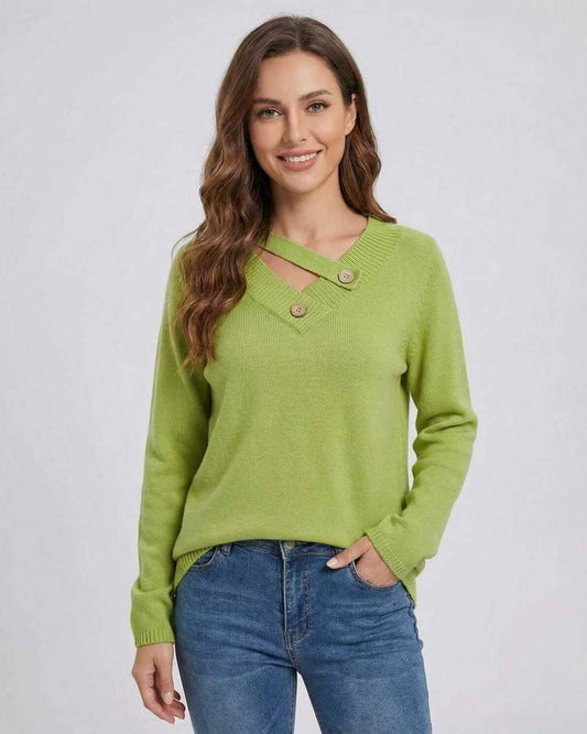 Cove Sweater in green, featuring a stylish V neck and button detail, perfect for fall and winter, by RAMBLION.