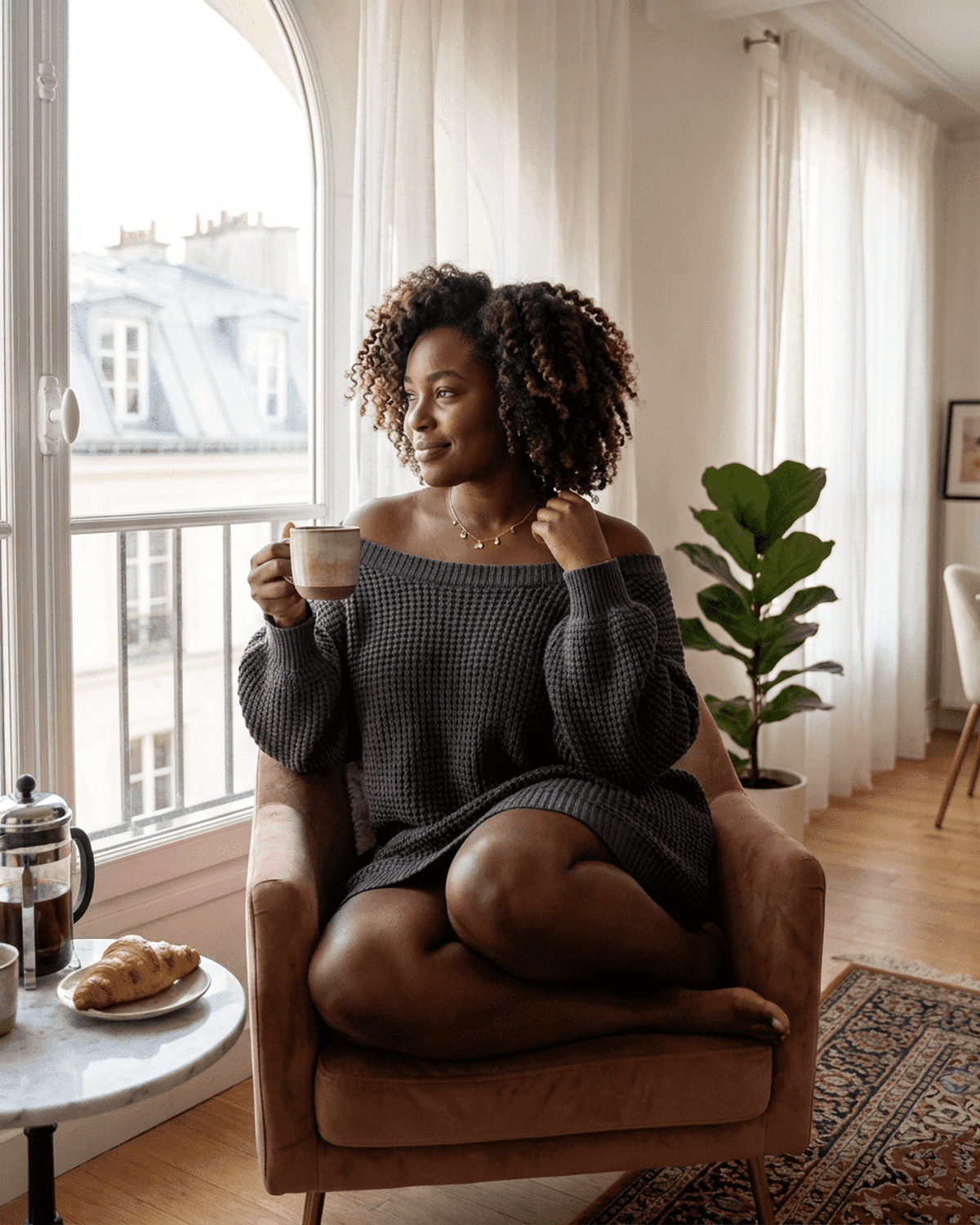 Woman in a cozy off-the-shoulder sweater, enjoying coffee in a sunlit room, showcasing comfort and relaxation.