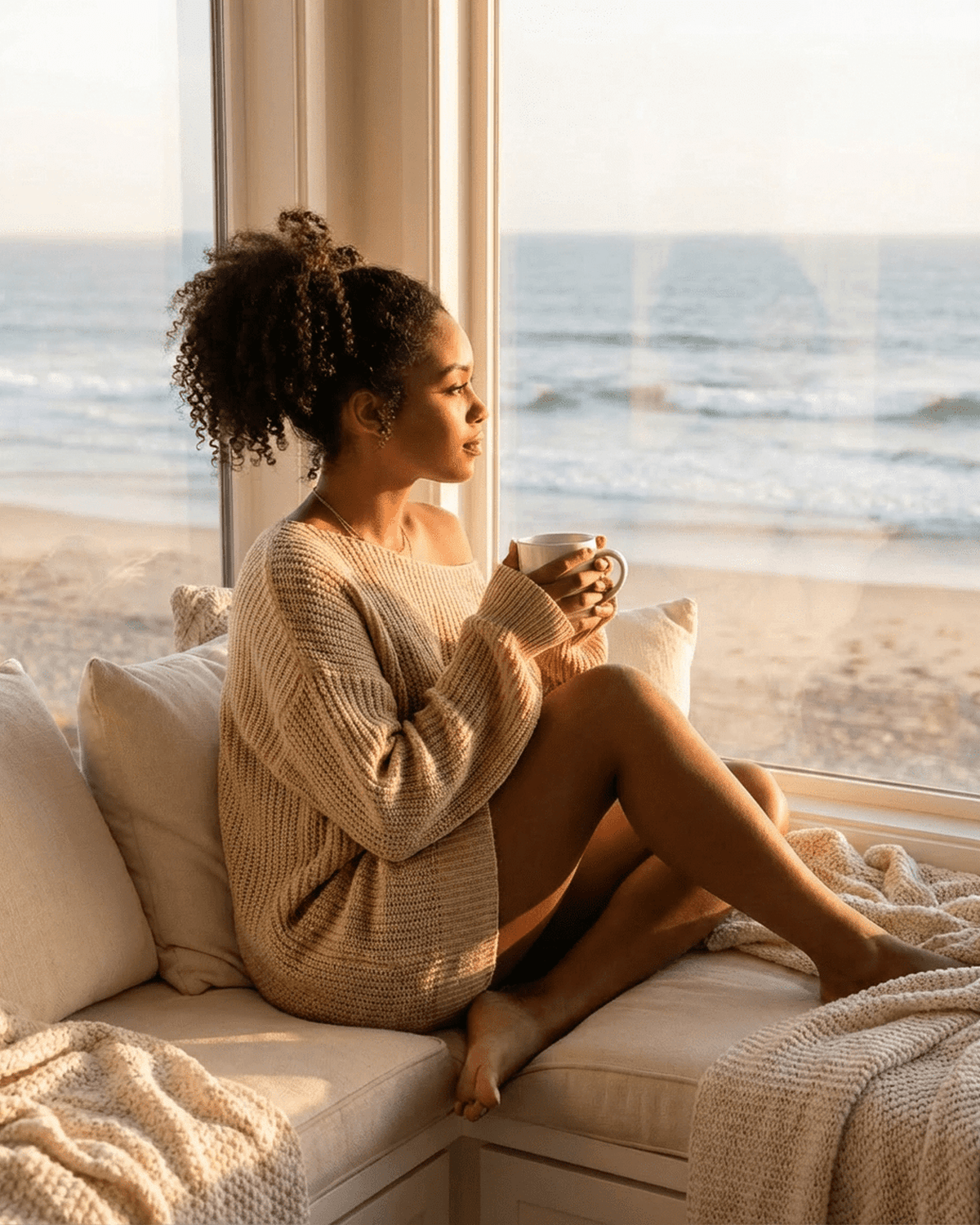 Woman enjoying a warm drink by the beach, cozy in a knitted sweater, serene ocean view, perfect for relaxation.