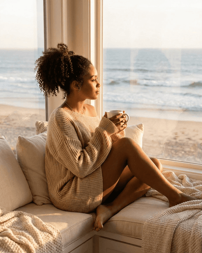 Woman enjoying a warm drink by the beach, cozy in a knitted sweater, serene ocean view, perfect for relaxation.