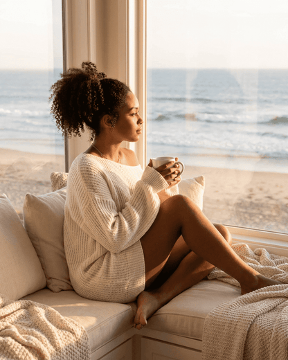 Yafy Mini Dress featuring a cozy off-the-shoulder design, perfect for casual beach days by RAMBLION.