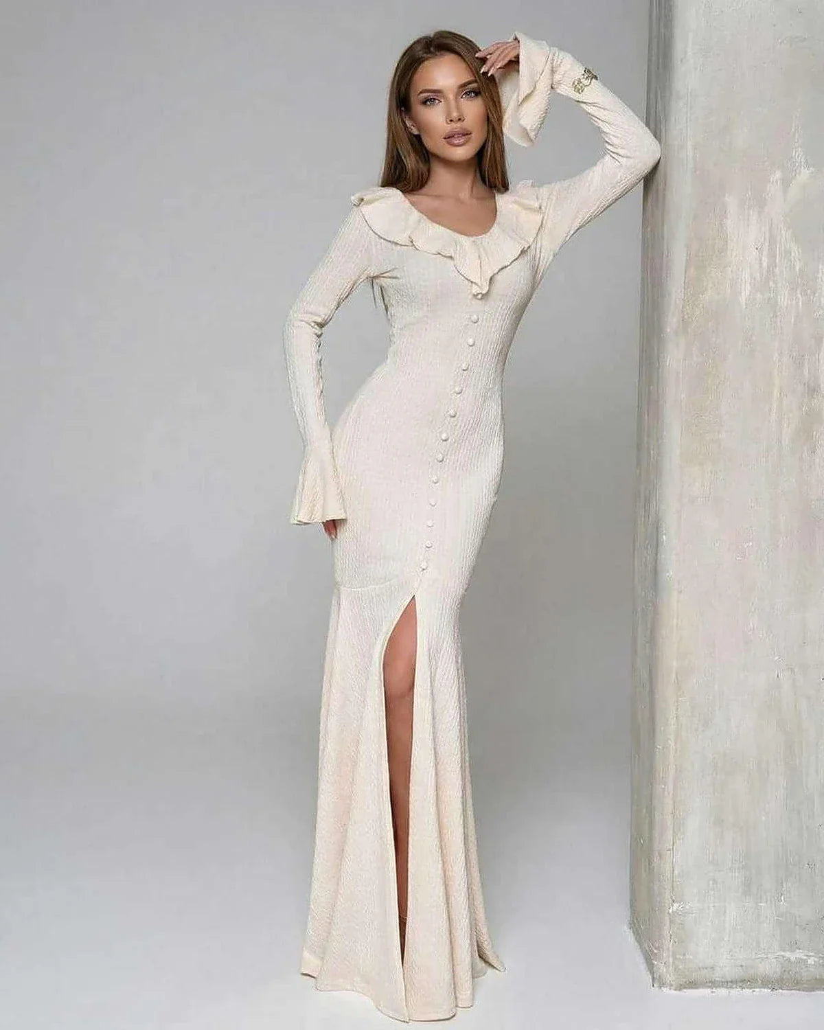 Cream Cotton Gown Round Neck Long Sleeve Maxi Dress | Prom, Cocktail Hour, Everyday Wear & Brunch, front view | Ramblion | SKU: SMD-48271-cream-L-2092-8004,SMD-48271-cream-M-9284-7305,SMD-48271-cream-S-1636-342,SMD-48271-cream-XL-5787-8557,SMD-48271-cream-XS-8095-6023