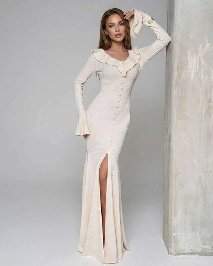 Cream Cotton Gown Round Neck Long Sleeve Maxi Dress | Prom, Cocktail Hour, Everyday Wear & Brunch, front view | Ramblion | SKU: SMD-48271-cream-L-2092-8004,SMD-48271-cream-M-9284-7305,SMD-48271-cream-S-1636-342,SMD-48271-cream-XL-5787-8557,SMD-48271-cream-XS-8095-6023