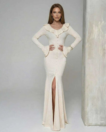 Cream Cotton Gown Round Neck Long Sleeve Maxi Dress | Prom, Cocktail Hour, Everyday Wear & Brunch, front view | Ramblion | SKU: SMD-48271-cream-L-2092-8004,SMD-48271-cream-M-9284-7305,SMD-48271-cream-S-1636-342,SMD-48271-cream-XL-5787-8557,SMD-48271-cream-XS-8095-6023