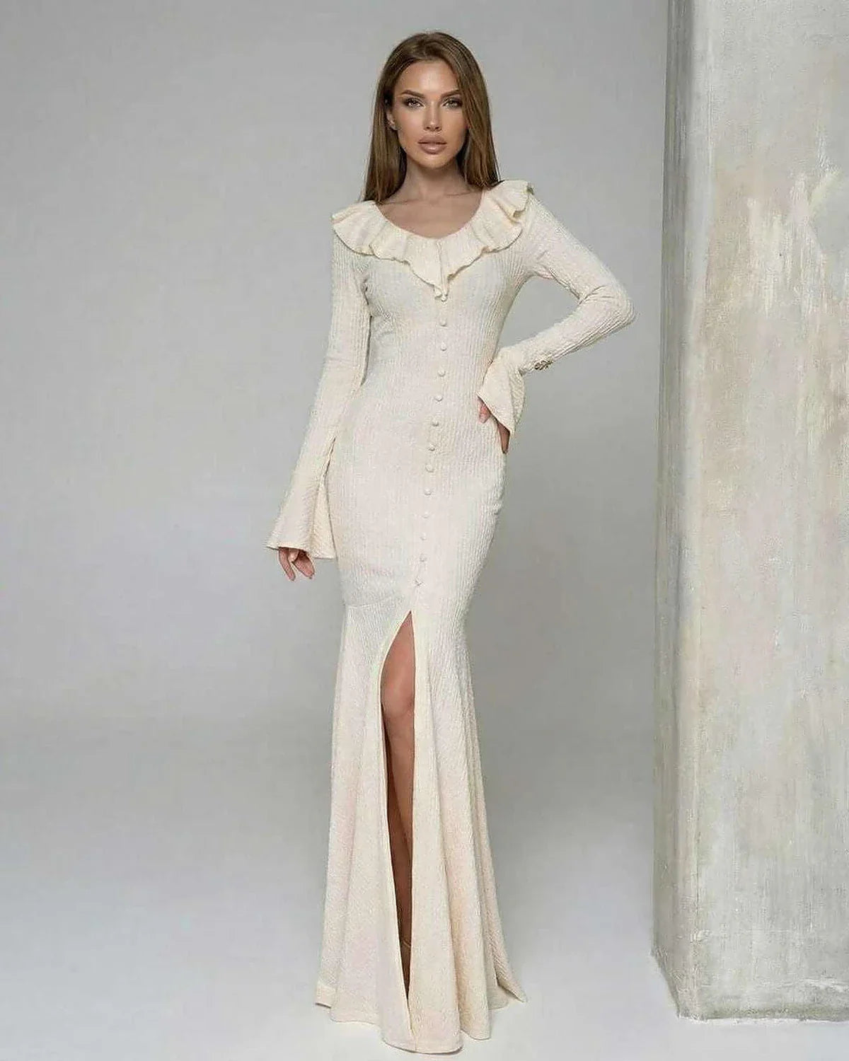 Cream Cotton Gown Round Neck Long Sleeve Maxi Dress | Prom, Cocktail Hour, Everyday Wear & Brunch, front view | Ramblion | SKU: SMD-48271-cream-L-2092-8004,SMD-48271-cream-M-9284-7305,SMD-48271-cream-S-1636-342,SMD-48271-cream-XL-5787-8557,SMD-48271-cream-XS-8095-6023
