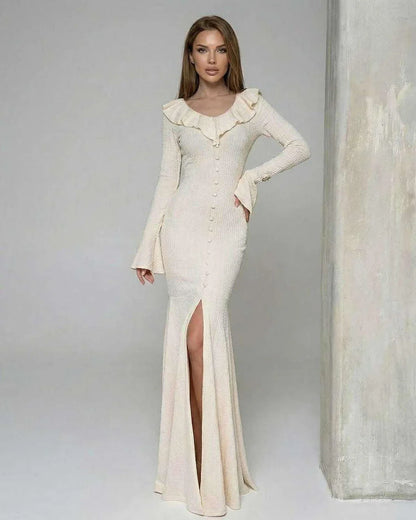 Cream Cotton Gown Round Neck Long Sleeve Maxi Dress | Prom, Cocktail Hour, Everyday Wear & Brunch, front view | Ramblion | SKU: SMD-48271-cream-L-2092-8004,SMD-48271-cream-M-9284-7305,SMD-48271-cream-S-1636-342,SMD-48271-cream-XL-5787-8557,SMD-48271-cream-XS-8095-6023