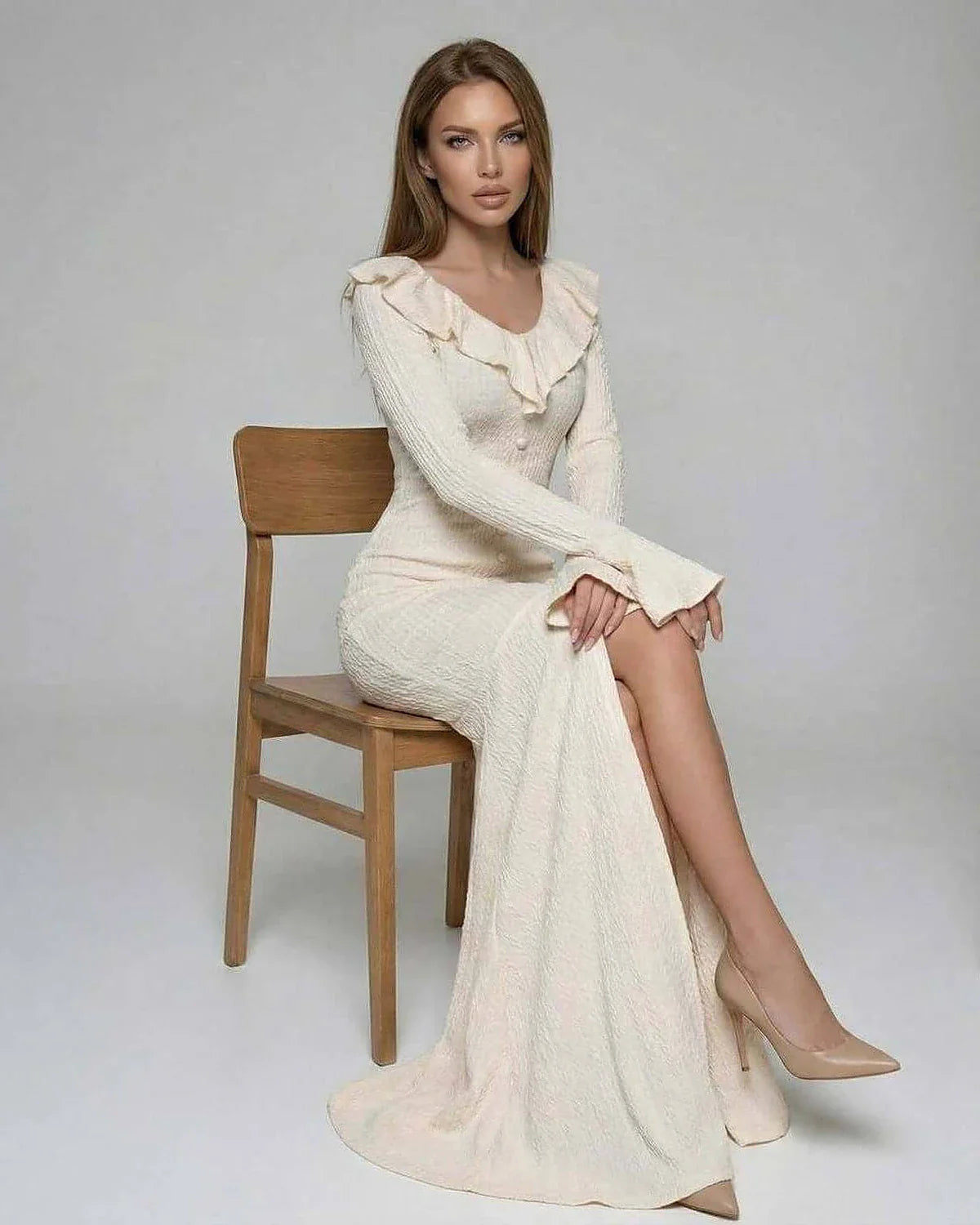 Cream Cotton Gown Round Neck Long Sleeve Maxi Dress | Prom, Cocktail Hour, Everyday Wear & Brunch, side view | Ramblion | SKU: SMD-48271-cream-L-2092-8004,SMD-48271-cream-M-9284-7305,SMD-48271-cream-S-1636-342,SMD-48271-cream-XL-5787-8557,SMD-48271-cream-XS-8095-6023