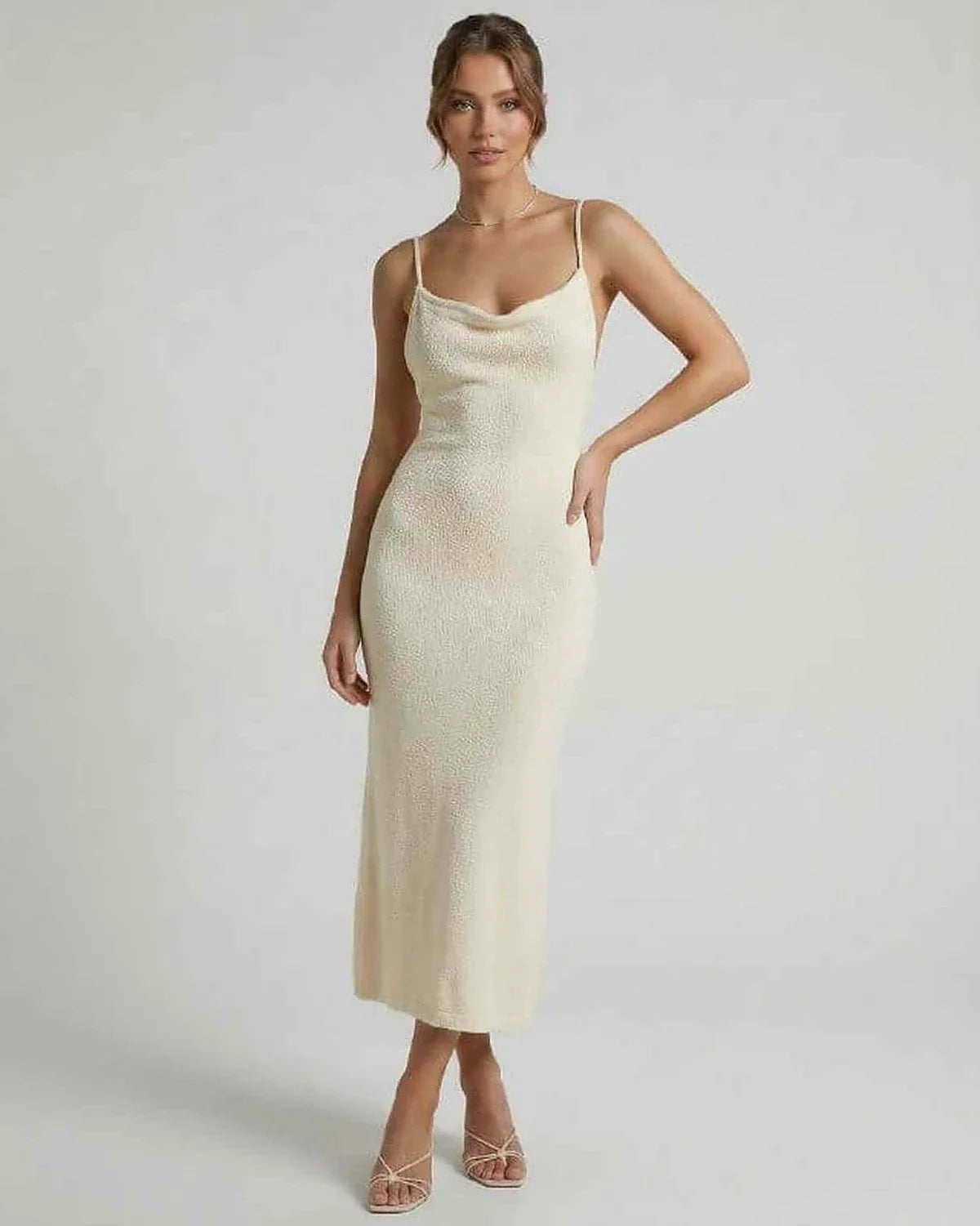 Cream Cotton Slip Round Neck Sleeveless Midi Dress | Wedding Guest, front view | Ramblion | SKU: EMD-618475293-cream-L-6688,EMD-618475293-cream-M-7505,EMD-618475293-cream-S-2539,EMD-618475293-cream-XL-4273,EMD-618475293-cream-XS-9244