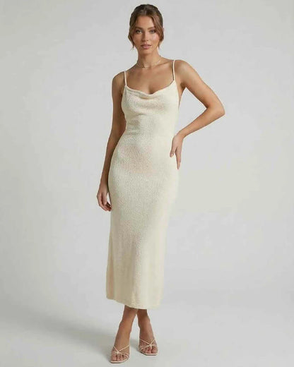 Cream Cotton Slip Round Neck Sleeveless Midi Dress | Wedding Guest, front view | Ramblion | SKU: EMD-618475293-cream-L-6688,EMD-618475293-cream-M-7505,EMD-618475293-cream-S-2539,EMD-618475293-cream-XL-4273,EMD-618475293-cream-XS-9244