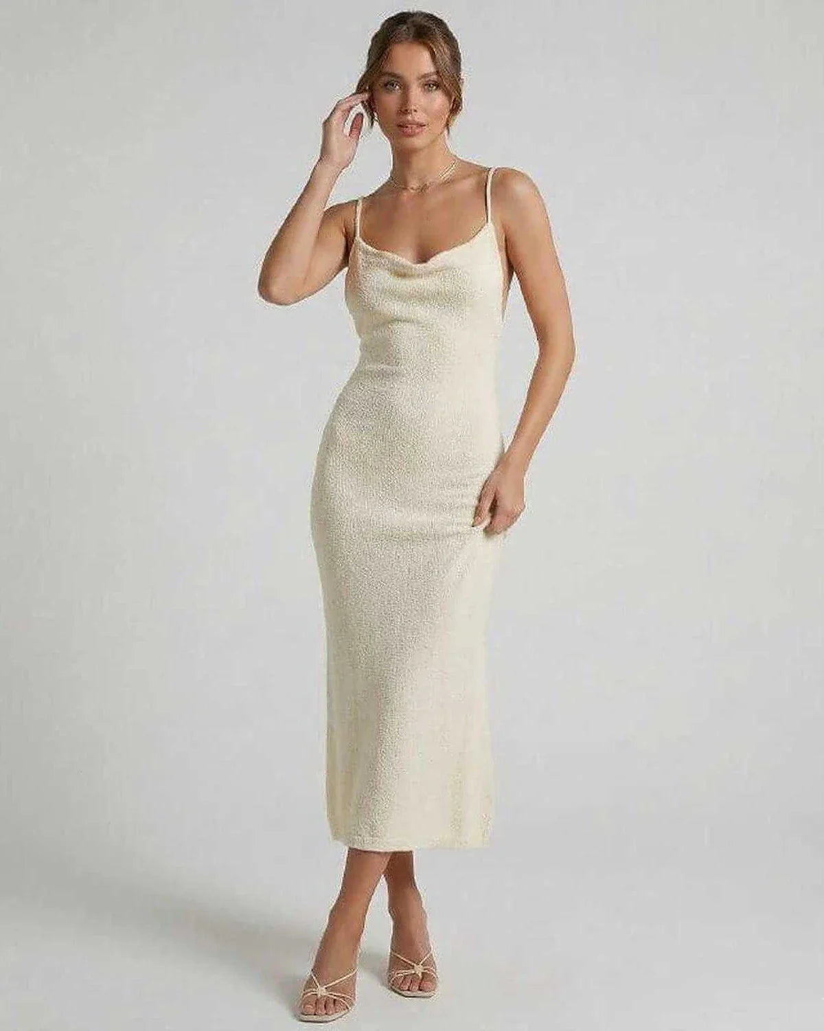 Cream Cotton Slip Round Neck Sleeveless Midi Dress | Wedding Guest, front view | Ramblion | SKU: EMD-618475293-cream-L-6688,EMD-618475293-cream-M-7505,EMD-618475293-cream-S-2539,EMD-618475293-cream-XL-4273,EMD-618475293-cream-XS-9244