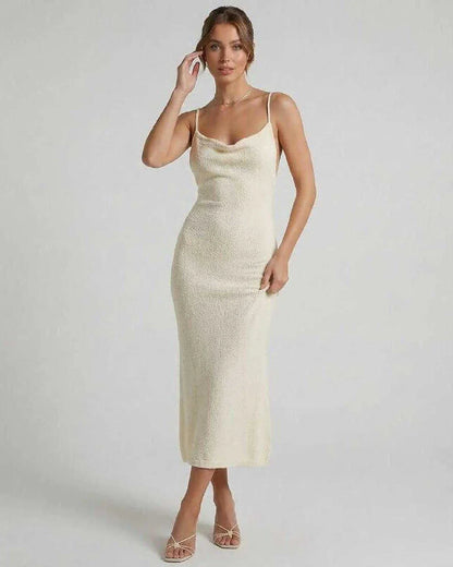 Cream Cotton Slip Round Neck Sleeveless Midi Dress | Wedding Guest, front view | Ramblion | SKU: EMD-618475293-cream-L-6688,EMD-618475293-cream-M-7505,EMD-618475293-cream-S-2539,EMD-618475293-cream-XL-4273,EMD-618475293-cream-XS-9244