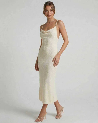 Cream Cotton Slip Round Neck Sleeveless Midi Dress | Wedding Guest, front view | Ramblion | SKU: EMD-618475293-cream-L-6688,EMD-618475293-cream-M-7505,EMD-618475293-cream-S-2539,EMD-618475293-cream-XL-4273,EMD-618475293-cream-XS-9244
