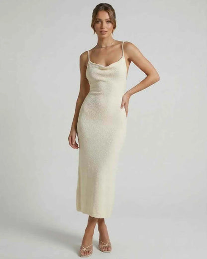 Cream Cotton Slip Round Neck Sleeveless Midi Dress | Wedding Guest, front view | Ramblion | SKU: EMD-618475293-cream-L-6688,EMD-618475293-cream-M-7505,EMD-618475293-cream-S-2539,EMD-618475293-cream-XL-4273,EMD-618475293-cream-XS-9244