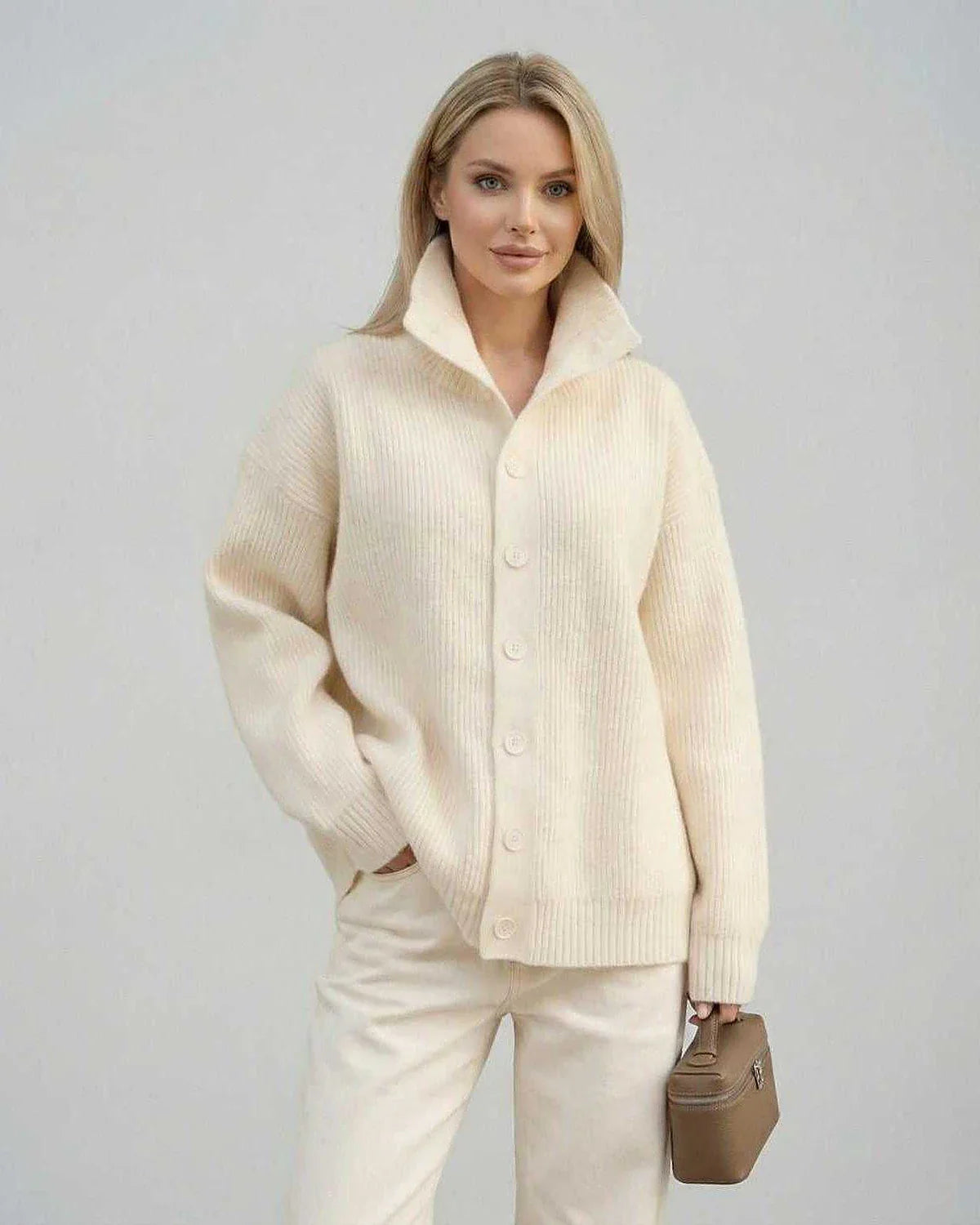 Cream Cotton Sweater, front view | Ramblion | SKU: SS-56128-cream-L-2750,SS-56128-cream-M-9357,SS-56128-cream-S-8498,SS-56128-cream-XL-5203,SS-56128-cream-XS-1969