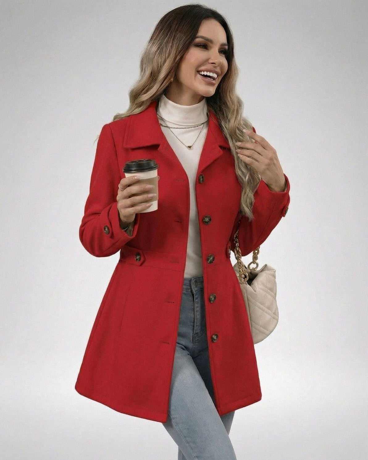 Model wearing a Crimson Sculpt Jacket in red, holding a coffee, showcasing a stylish, slim fit look.