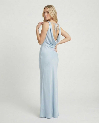 Blue Satin Bodycon Halter Sleeveless Maxi Dress | Prom & Wedding Season, back view | Ramblion | SKU: CMD-68194-blue-L-3046,CMD-68194-blue-M-9224,CMD-68194-blue-S-6977,CMD-68194-blue-XL-7591,CMD-68194-blue-XS-9956