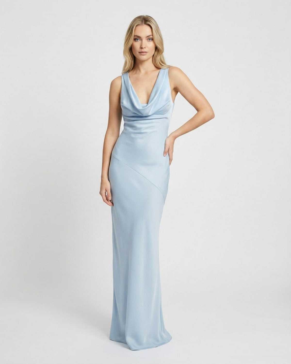 Blue Satin Bodycon Halter Sleeveless Maxi Dress | Prom & Wedding Season, front view | Ramblion