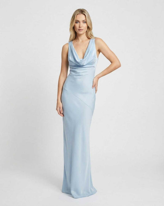 Cuba Maxi Dress by RAMBLION - Elegant blue satin dress with cowl neck, perfect for formal occasions.