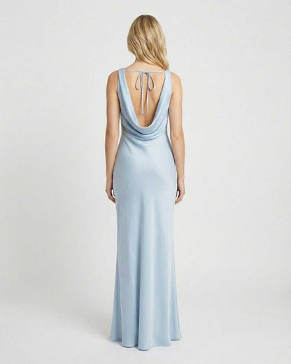 Blue Satin Bodycon Halter Sleeveless Maxi Dress | Prom & Wedding Season, back view | Ramblion | SKU: CMD-68194-blue-L-3046,CMD-68194-blue-M-9224,CMD-68194-blue-S-6977,CMD-68194-blue-XL-7591,CMD-68194-blue-XS-9956