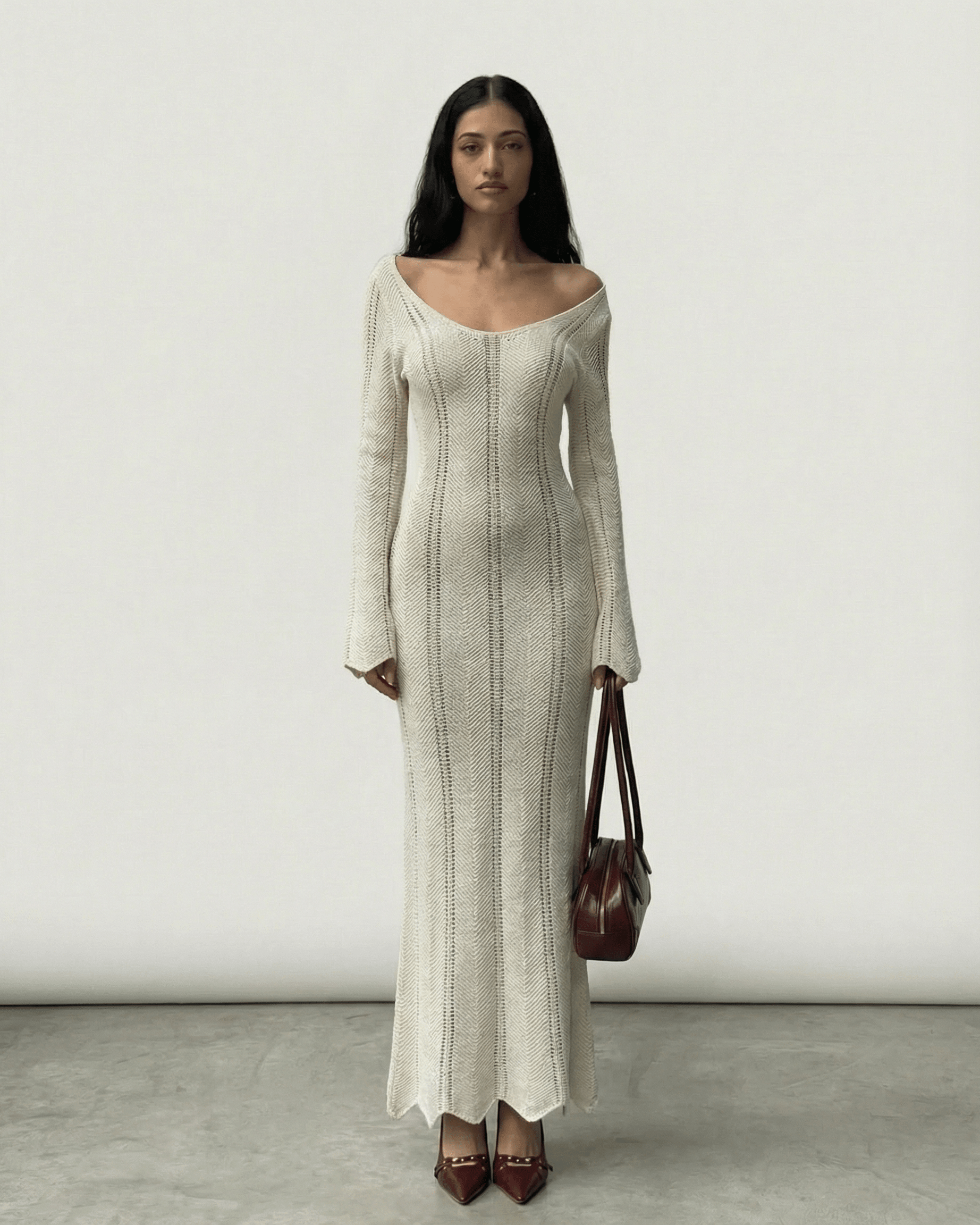 Cyra Maxi Dress in white featuring V-neck, ribbed details, feminine silhouette, perfect for elegant occasions by RAMBLION.
