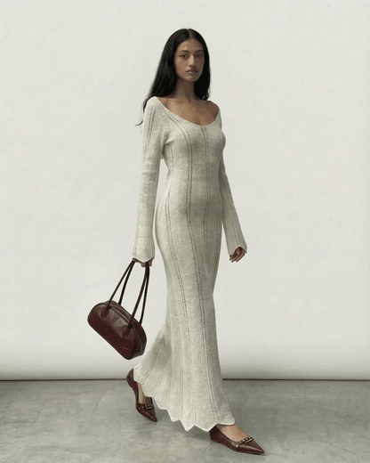 Cyra Maxi Dress, white ankle-length dress with ribbed details by RAMBLION, perfect for chic occasions.