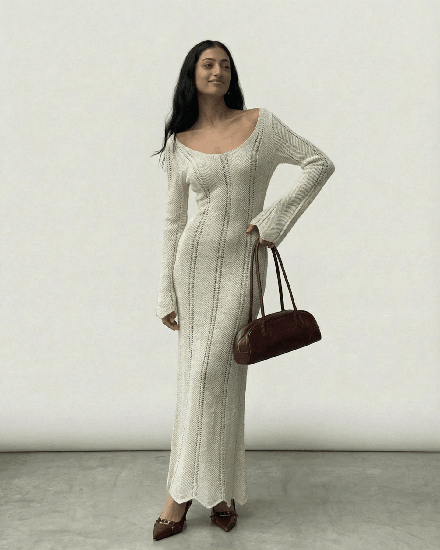 Cyra Maxi Dress - Elegant white ankle-length design, V neck, ribbed details, perfect for any occasion by RAMBLION.