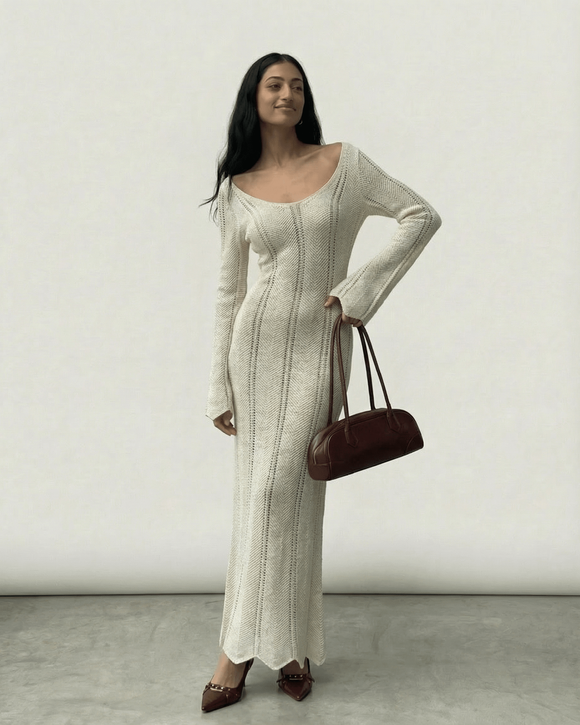 Cyra Maxi Dress - Elegant white ankle-length design, V neck, ribbed details, perfect for any occasion by RAMBLION.