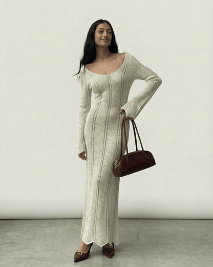 Cyra Maxi Dress - Elegant white ankle-length design, V neck, ribbed details, perfect for any occasion by RAMBLION.