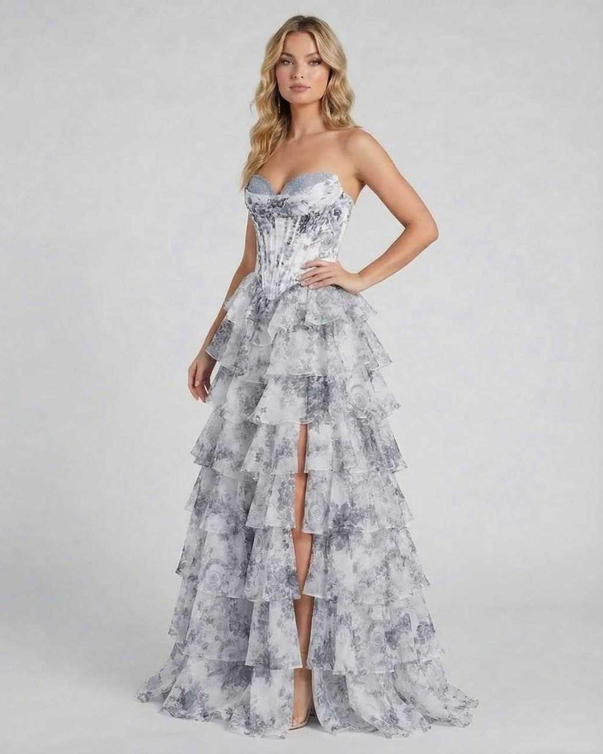 Dalo Maxi Dress by RAMBLION, elegant grey satin dress with tiered layers, perfect for special occasions.