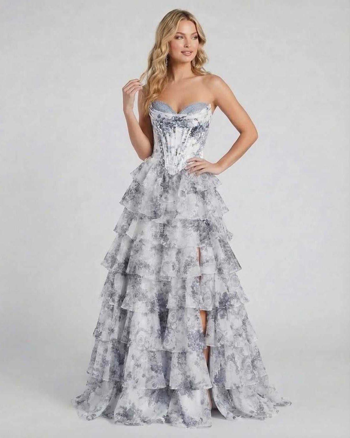 Dalo Maxi Dress in grey satin, strapless sweetheart neckline, tiered layers; perfect for special occasions by RAMBLION.