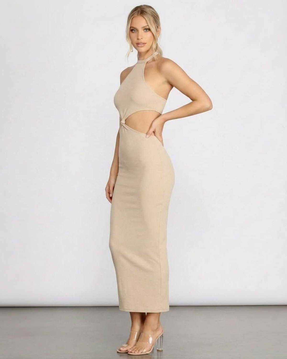 Dama Midi Dress featuring halter neckline, dual waist cutouts, and trendy center knot detail by RAMBLION, perfect for summer occasions.