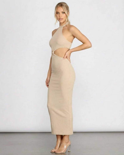 Dama Midi Dress featuring halter neckline, dual waist cutouts, and trendy center knot detail by RAMBLION, perfect for summer occasions.