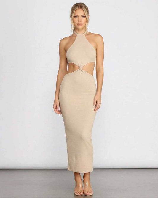 Dama Midi Dress in beige with halter neckline, waist cutouts, and center knot detail, perfect for summer outings by RAMBLION.